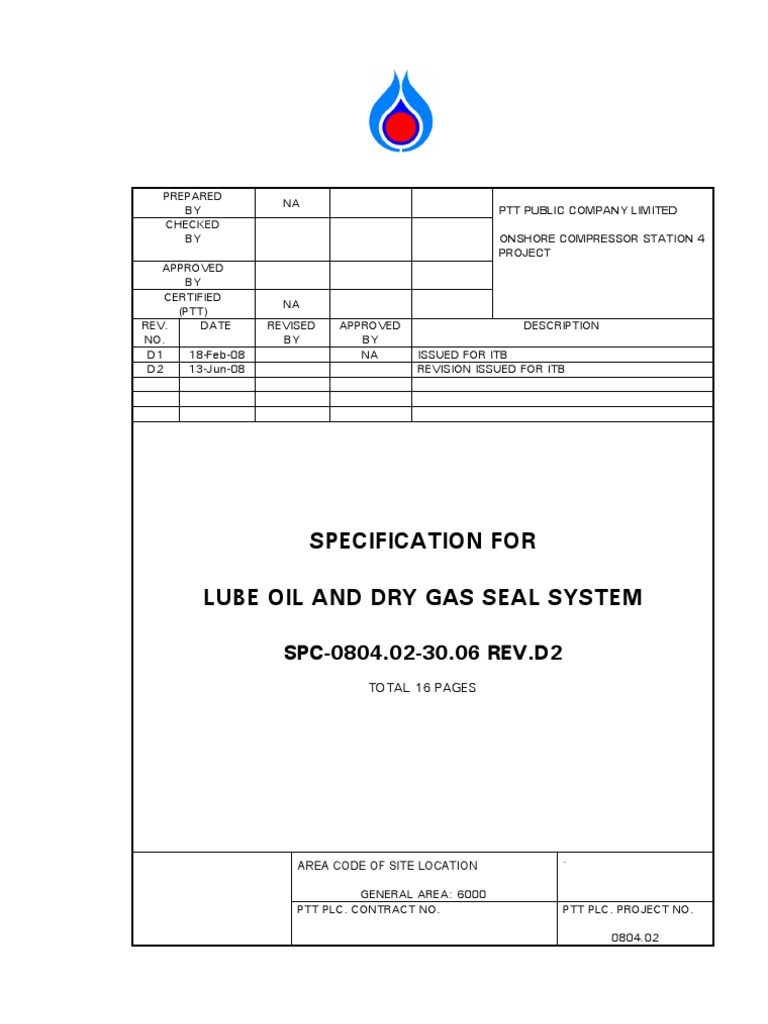Specification For Lube Oil And Dry Gas Seal System SPC0804.0230.06