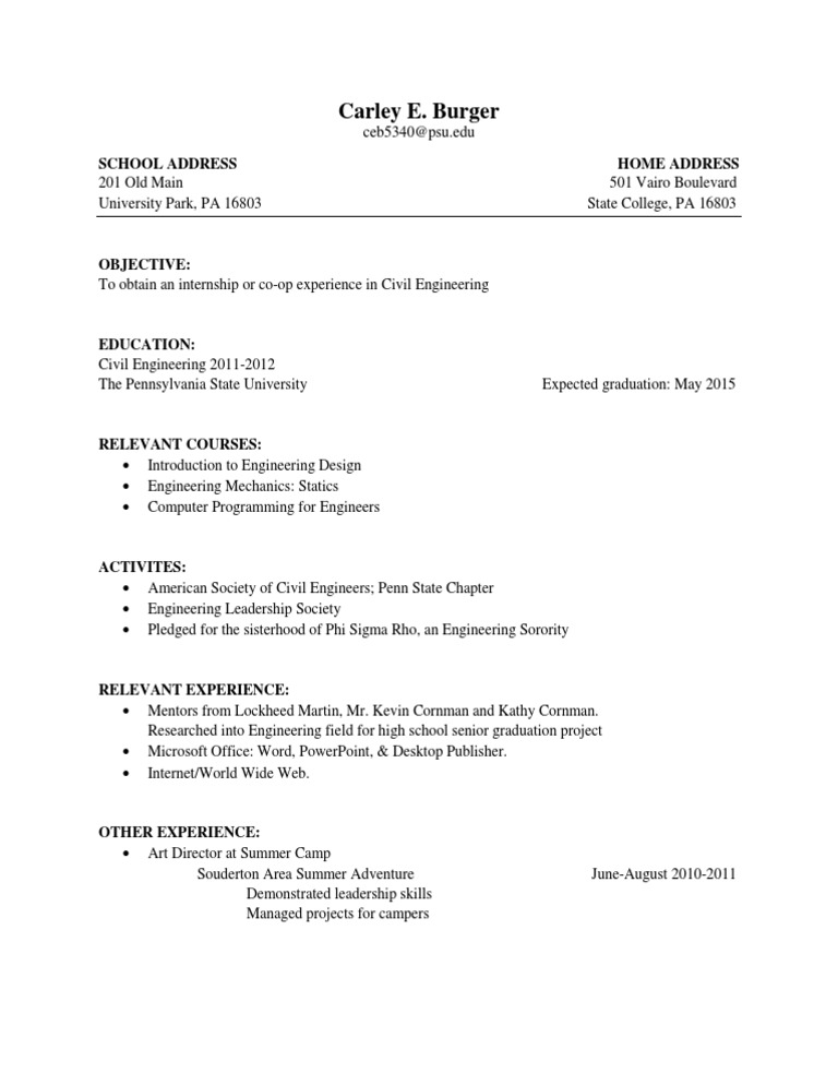 Penn State Civil Engineering Internship Resume | PDF