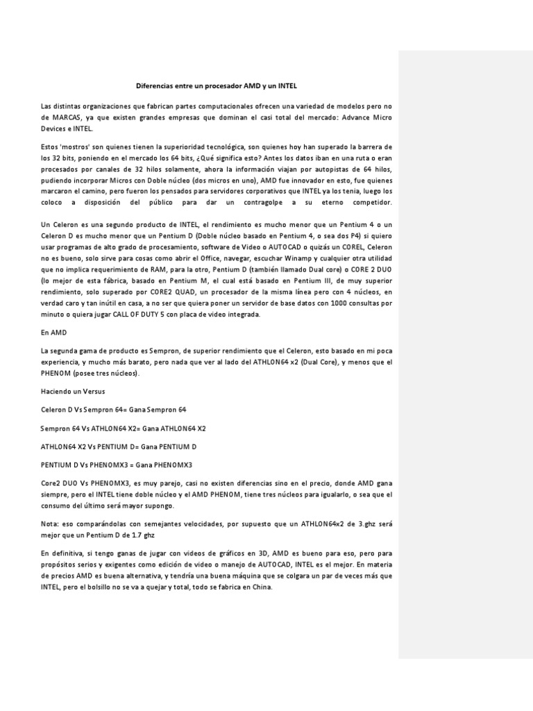 Diferencias Entre Un Procesador AMD y Un INTEL PDF Micro
