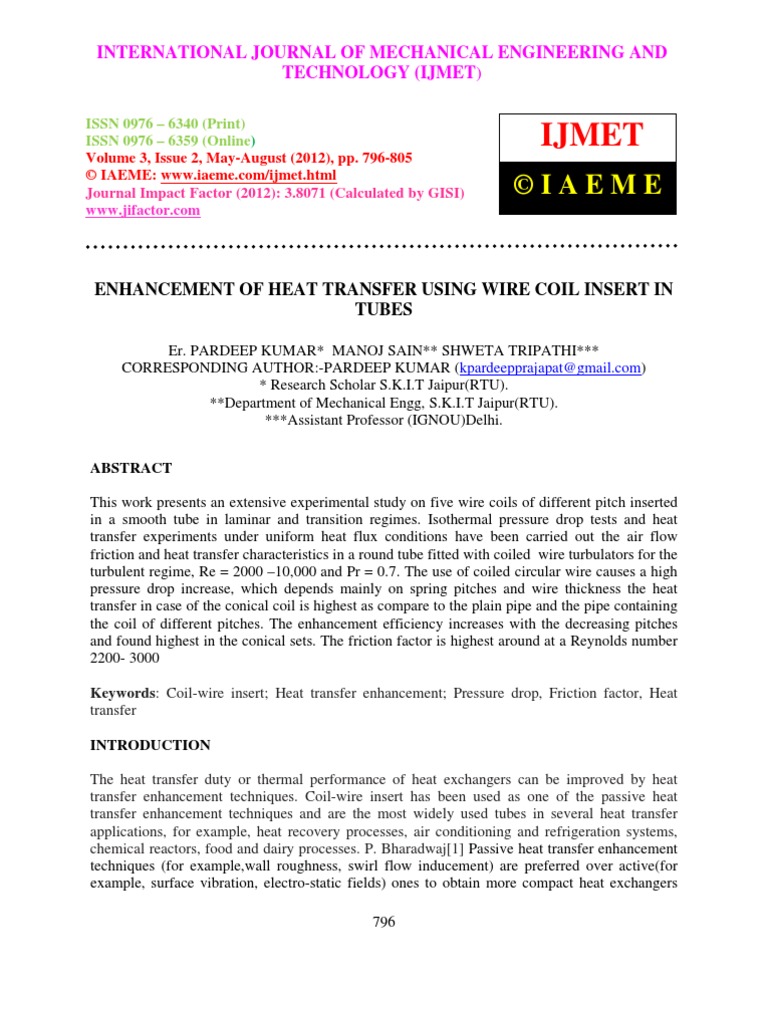 Enhancement of Heat Transfer Using Wire Coil Insert in Tubes | PDF