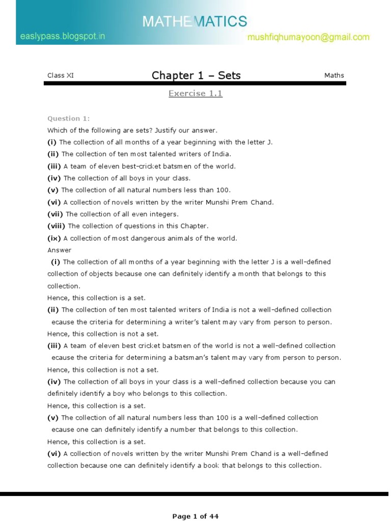 Class XI Maths: Sets Chapter Exercises | PDF | Prime Number ...
