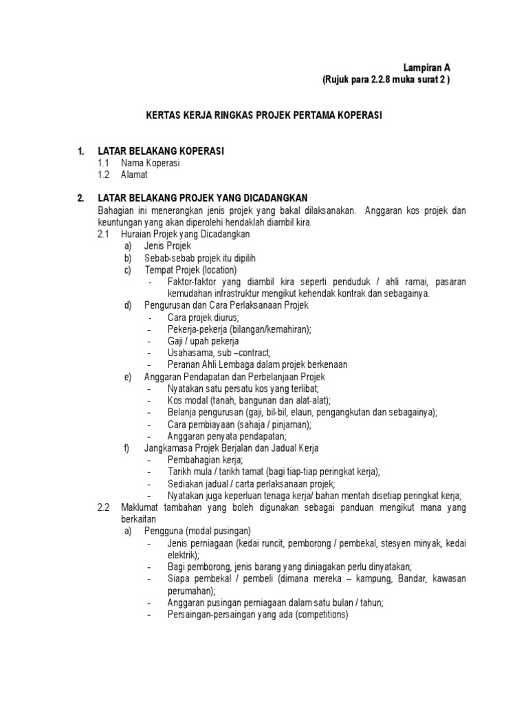 Kertas Kerja Ringkas Projek Pertama Koperasi