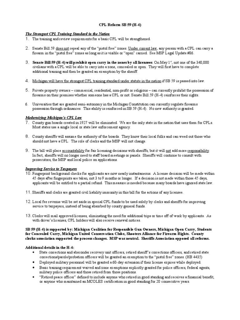 Michigan CPL Reform: SB 59 Overview | PDF | Public Law | Public Sphere