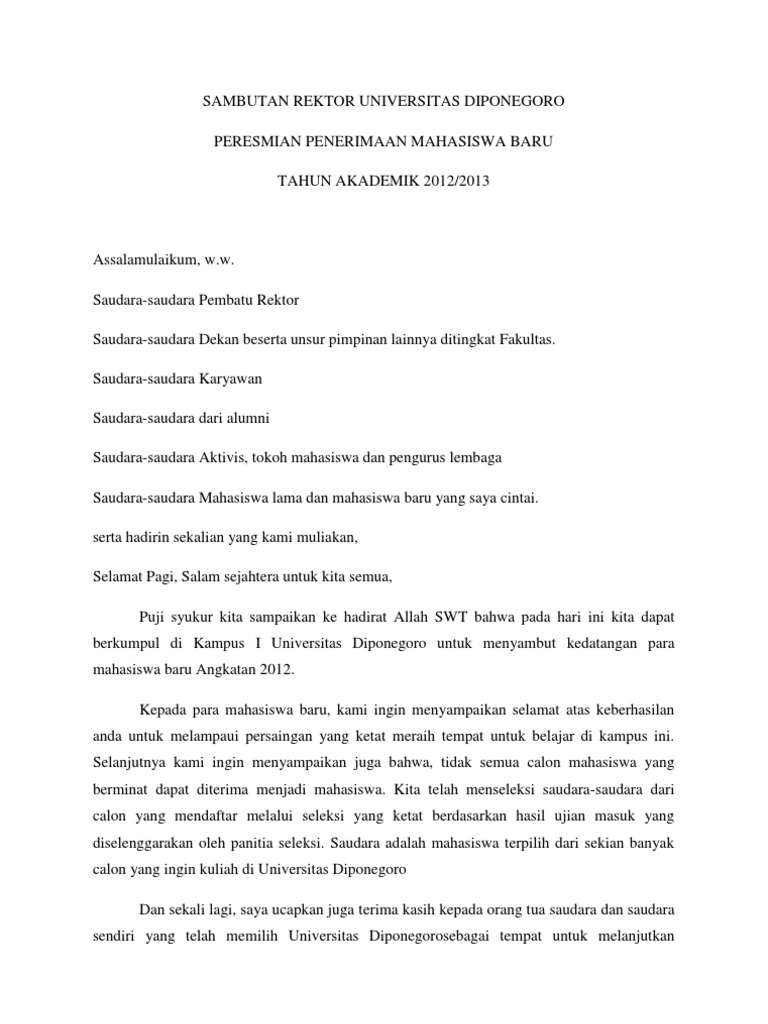 Sambutan Rektor Universitas Diponegoro Peresmian Penerimaan Mahasiswa Baru Tahun Akademik 2012 2013