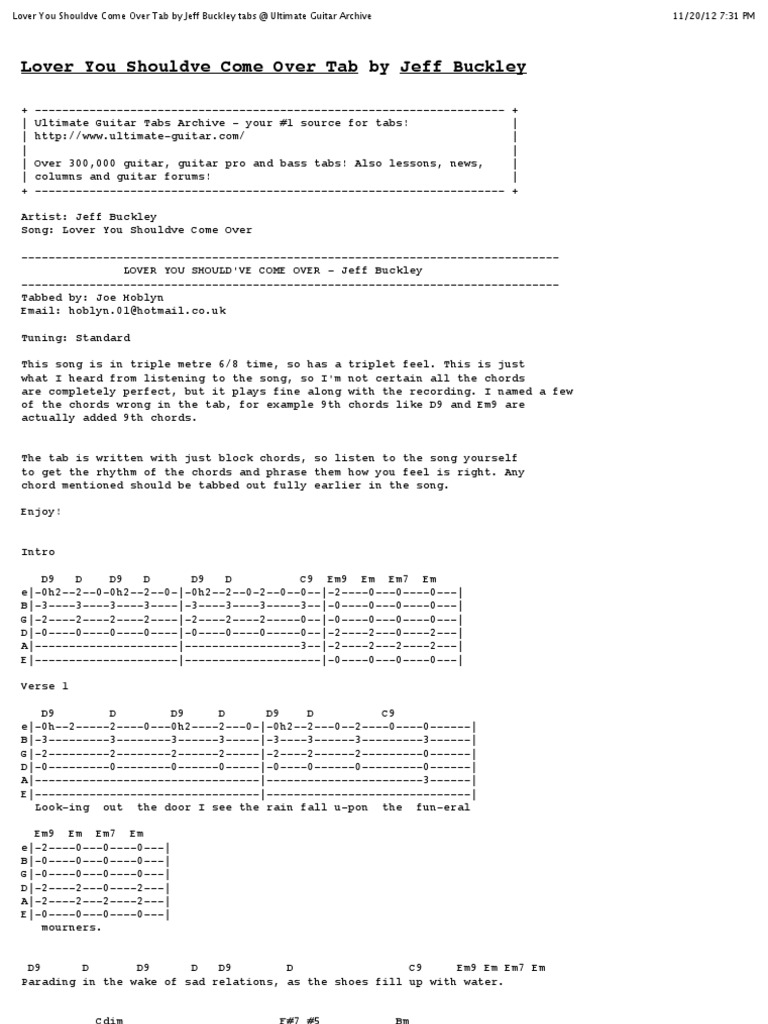 Lover You Shouldve Come Over Tab by Jeff Buckley Tabs at Ultimate Guitar Archive PDF Musical