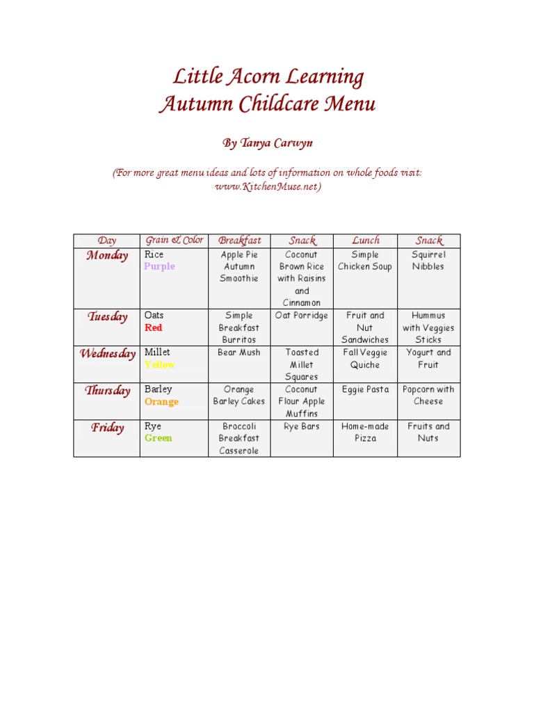 Autumn Menu For Daycare - Freebie | PDF | Breads | Dough