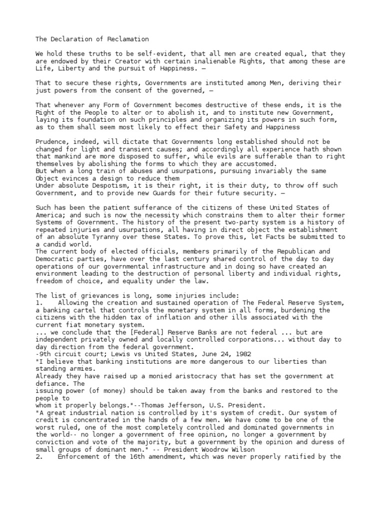 The Declaration of Reclamation | PDF | Federal Government Of The United ...