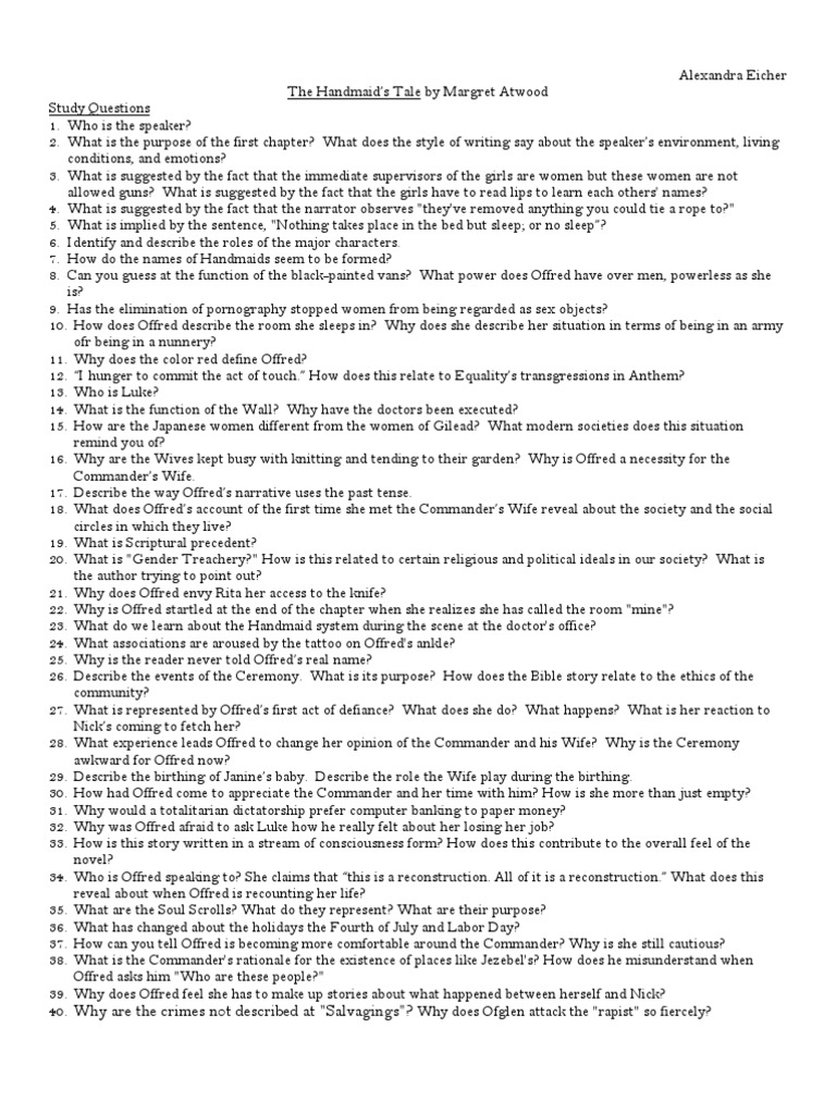Handmaid's Tale Study Questions Guide | PDF | General Fiction