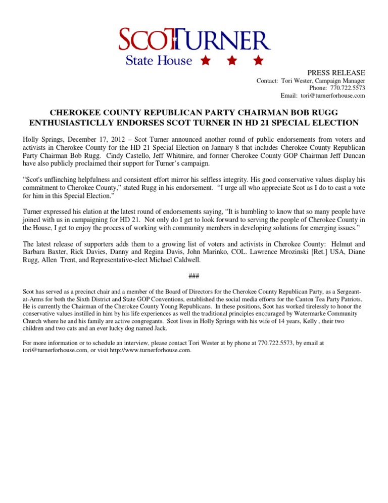 Bob Rugg Endorses Scot Turner | PDF | Politics | Social Science