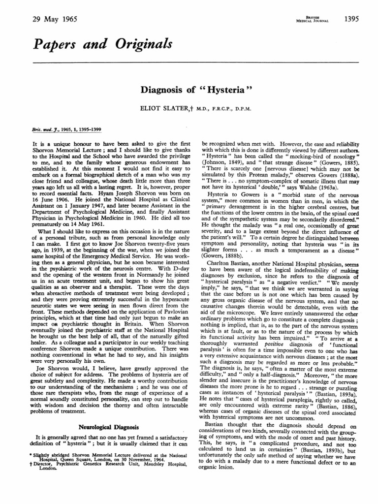 DIAGNOSIS OF HYSTERIA (Eliot Slater) PDF Hysteria Medical Diagnosis
