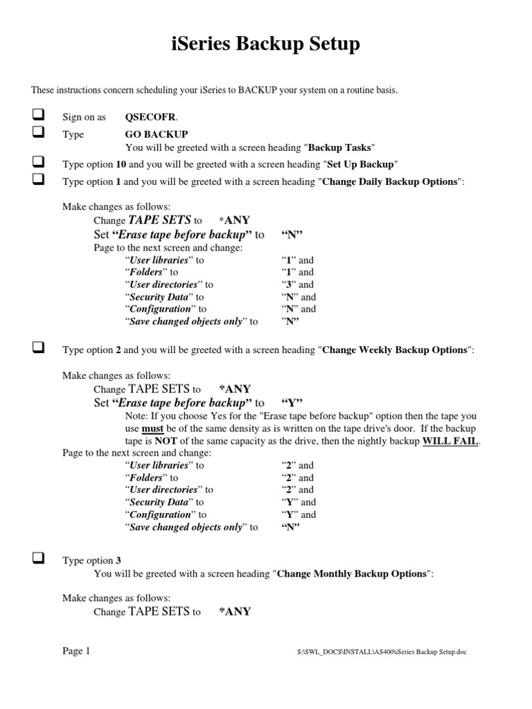 AS400 Backup Setup | PDF