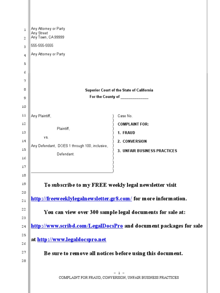 Sample Complaint for Unfair Business Practices in California