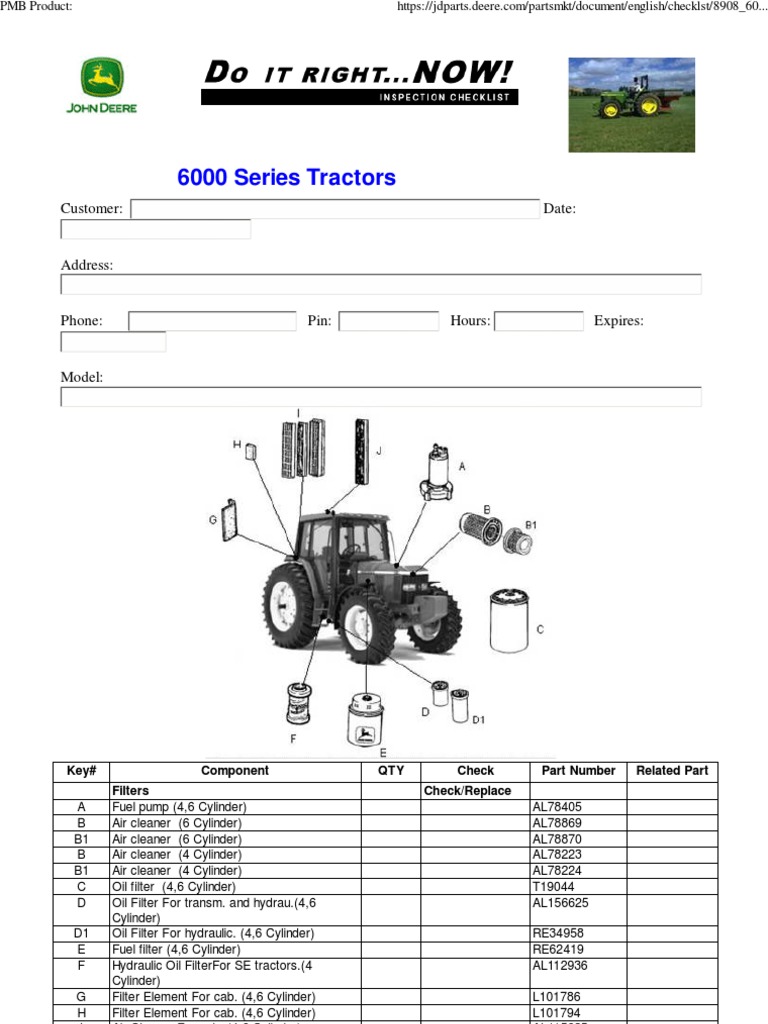 John Deere 6000 Series Inspection Serviceparts Checklist (15Sep04)