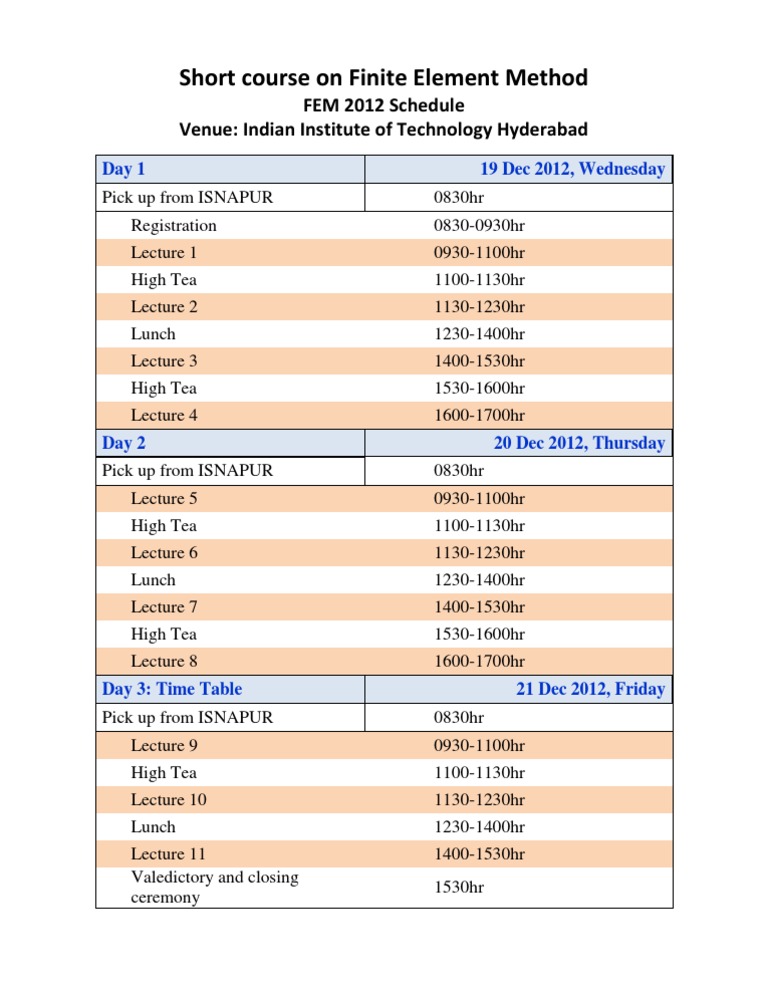 Finite Element Method Course Schedule | PDF