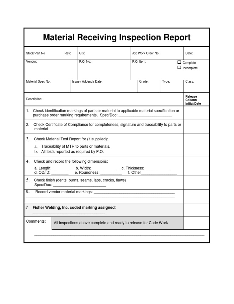 Receiving Inspection Report