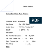 Dubai Islamic Bank Calculation Sheet Auto Finance: Customer Name MR Hassan Model Name: Toyota "Corolla Xli "