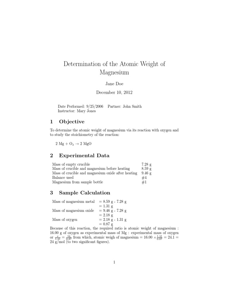 Magnesium Atomic Weight Lab Example PDF Magnesium Weight