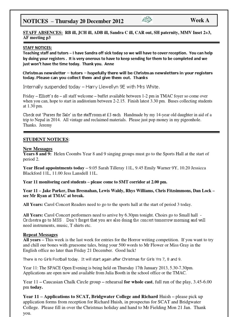 Notices For Staff and Students Thurs2 | PDF | Leisure | Entertainment ...