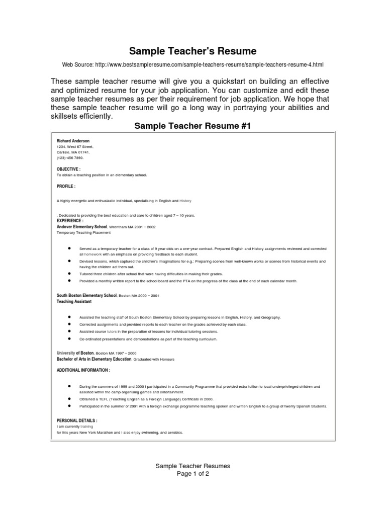 Sample Teacher Resumes PDF Teaching English As A Foreign Language