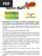 Presidente da camara convoca população para que projeto seja aprovado na noite desta quinta