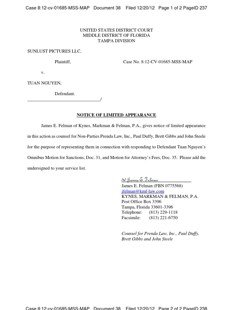 NOTICE OF LIMITED APPEARANCE