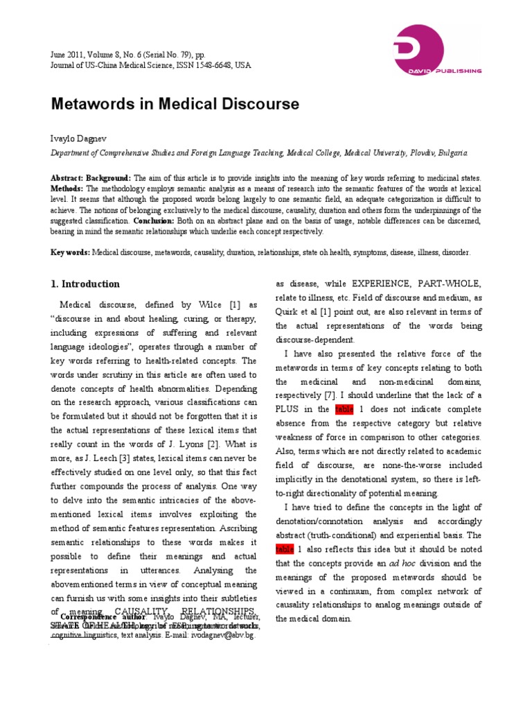 Metawords in Medical Discourse Analysis | PDF | Suffering | Semantics