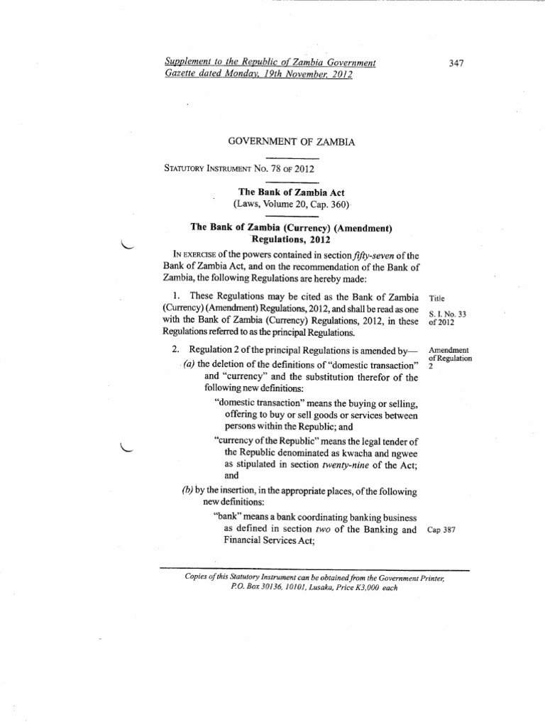 The Bank of Zambia Act Statutory Instrument No. 78 of 2012