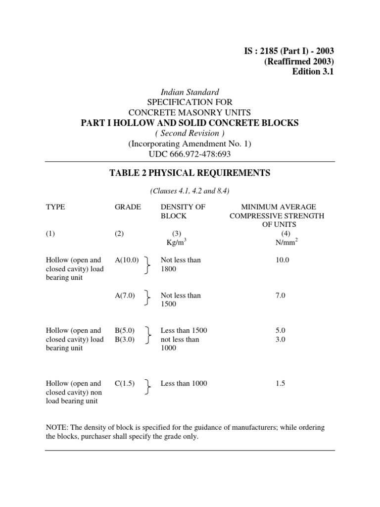 IS 2185 Part1 2005 | PDF | Building Engineering | Building Materials