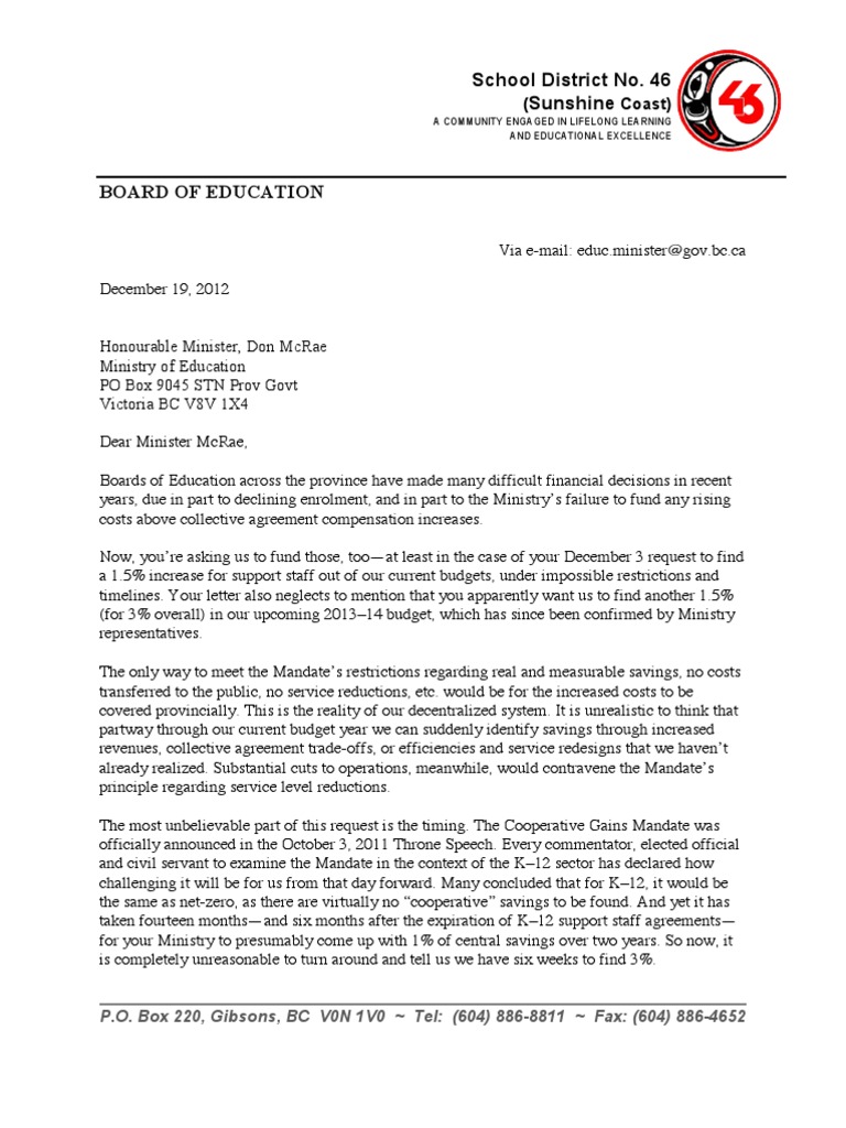 Letter to BC Education Minister McRae from Sunshine Coast Board of ...
