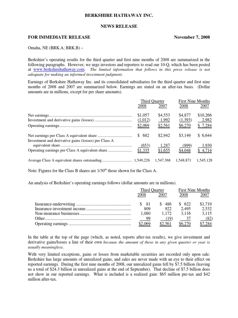Sample Berkshire Hathaway Earnings Release Berkshire Hathaway Insurance