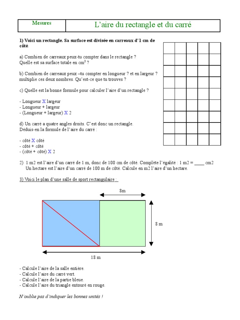 L Aire Du Rectangle Et Du Carre Mesures