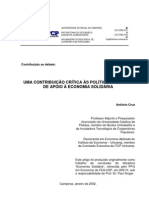 Uma Contribuição Crítica às Políticas Públicas de Apoio à Economia Solidária