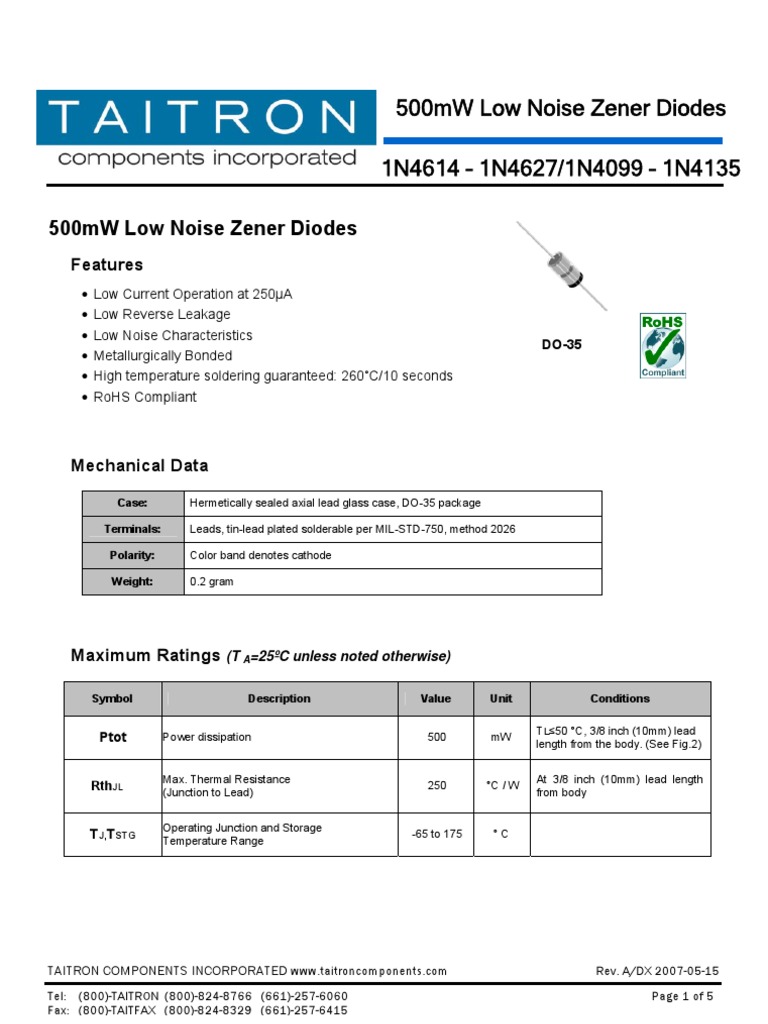 500mW Low Noise Zener Diodes PDF Diode Electrical Resistance And