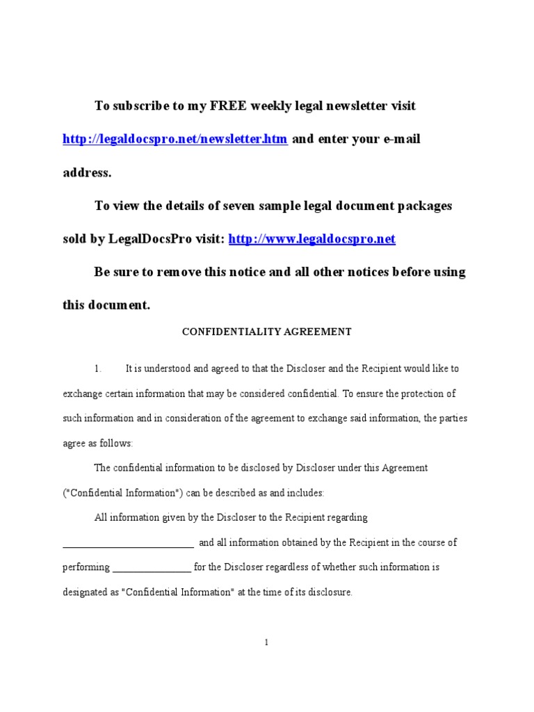 Sample Confidentiality Agreement for California Confidentiality Non