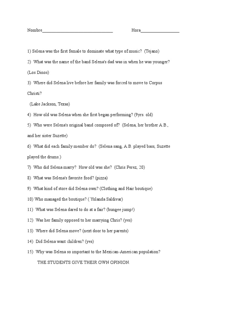 Answer To The Questions For The Selena Movie | PDF | American Musicians |  Entertainment (General)