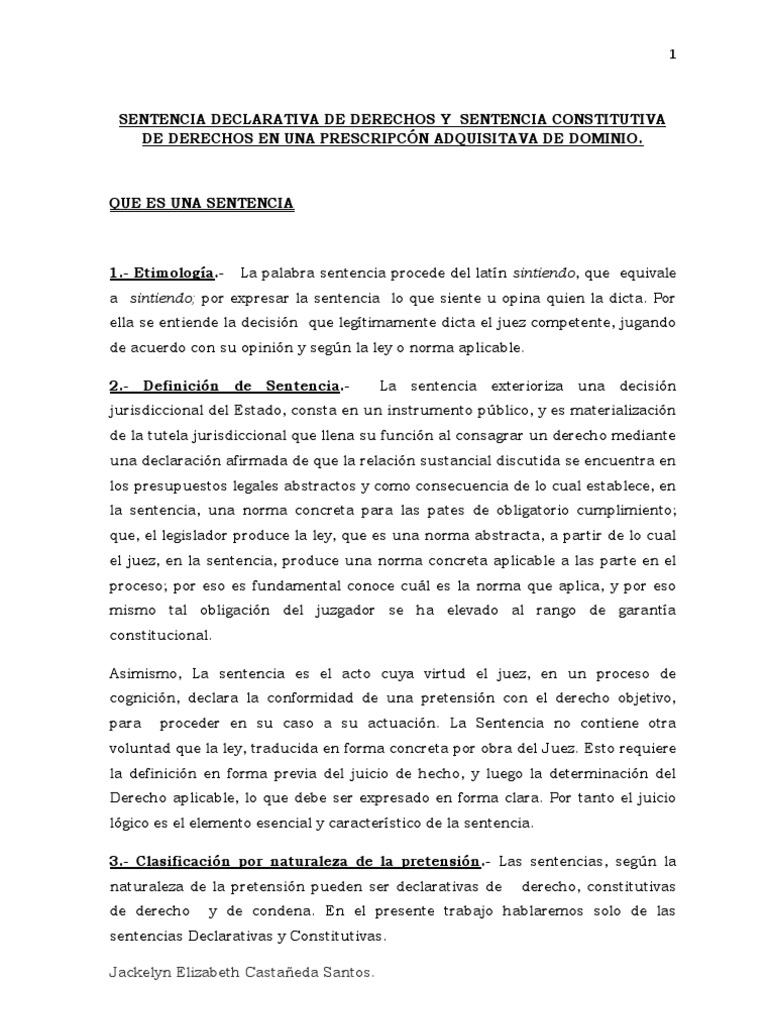 SENTENCIA DECLARATIVA DE DERECHOS Y SENTENCIA CONSTITUTIVA DE DERECHOS
