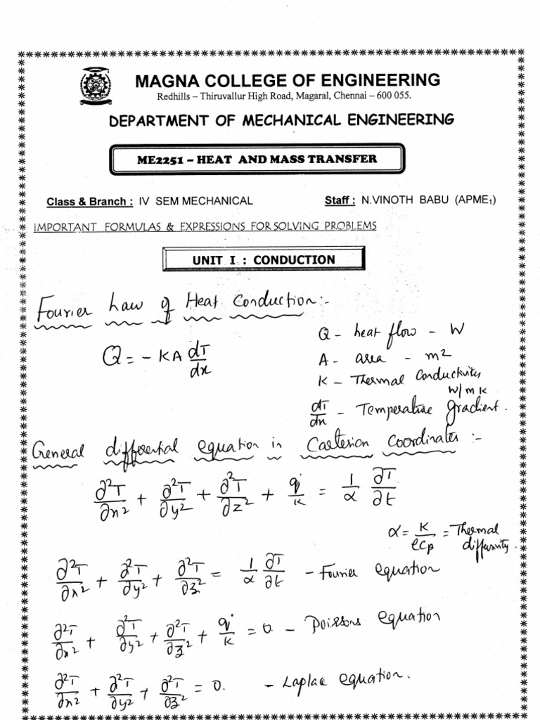 heat and mass transfer formulas