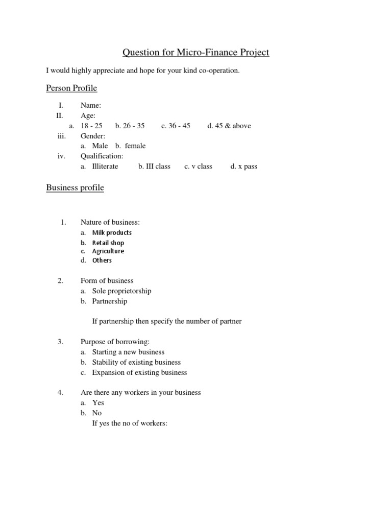 Micro-Finance Project Questionnaire | PDF