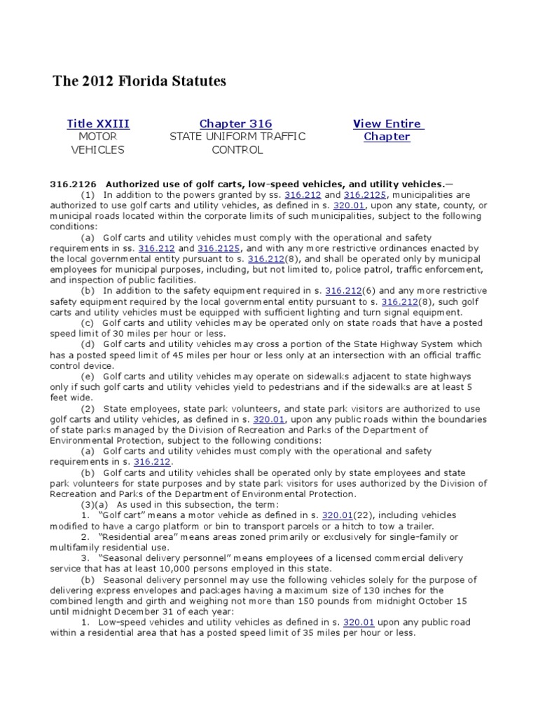 Title XXIII Chapter 316, Florida Motor Vehicle Statute | Speed Limit