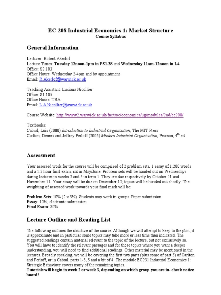 Industrial Economics Course Guide | PDF | Oligopoly | Microeconomics