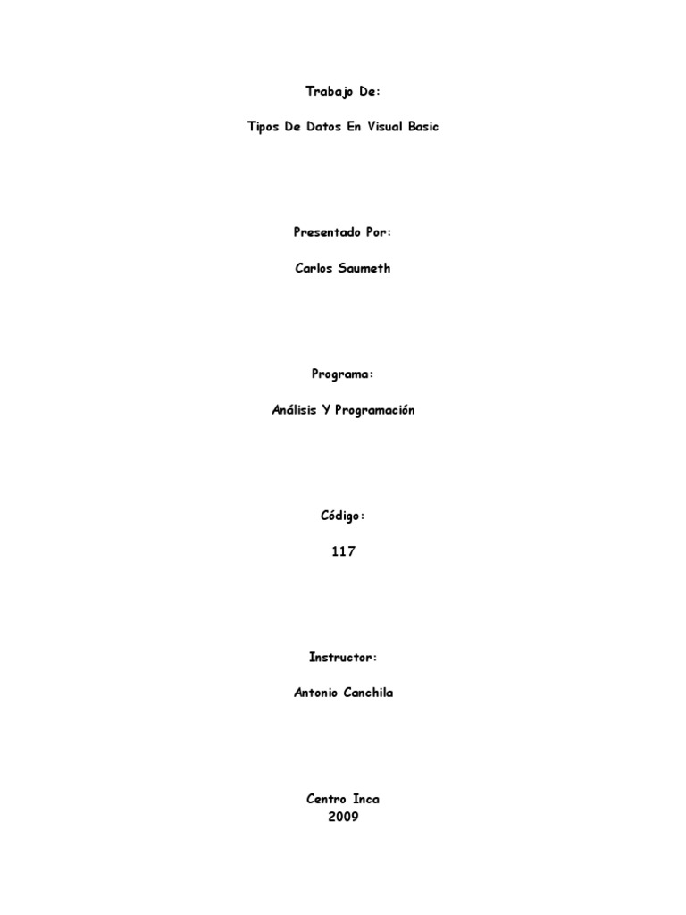 Tipos de Datos en Visual Basic PDF Variable (informática) Tipo de datos
