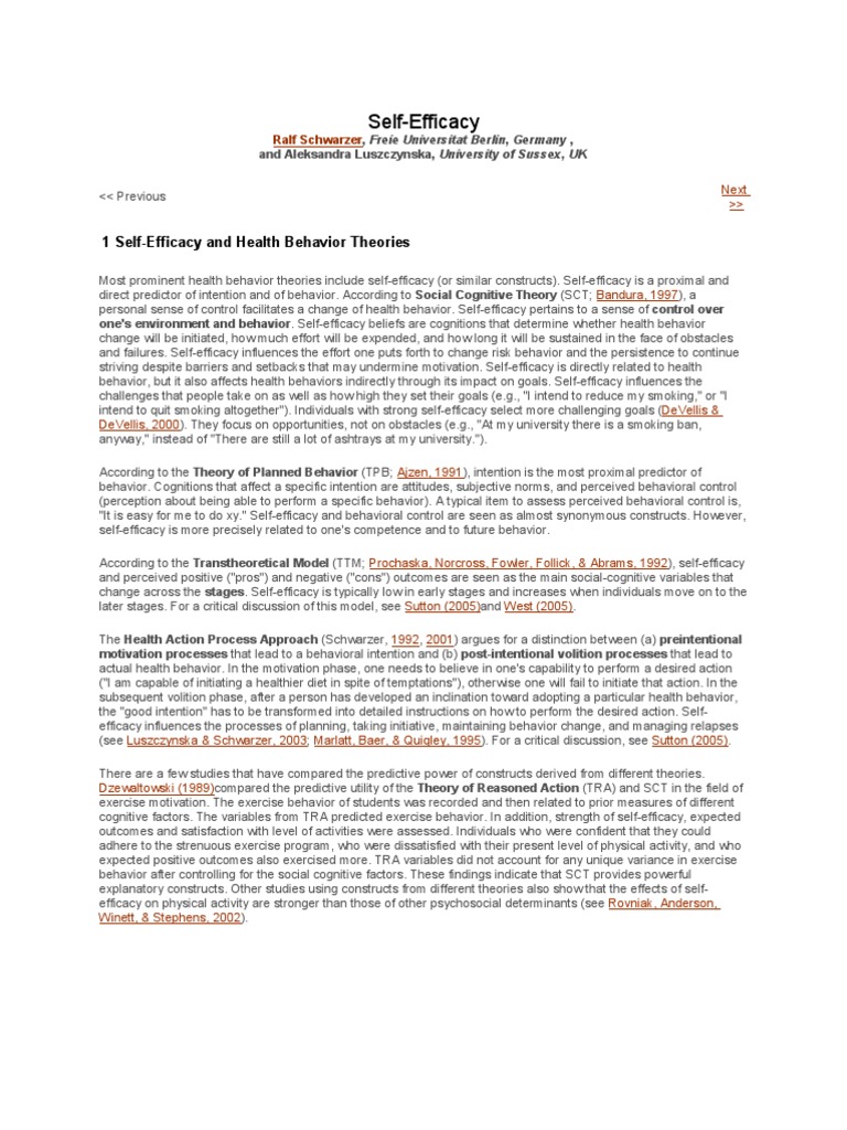 1 Self-Efficacy and Health Behavior Theories | PDF | Self Efficacy ...