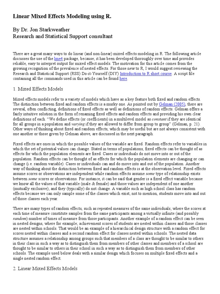 Linear Mixed Effects Modeling Using R | PDF