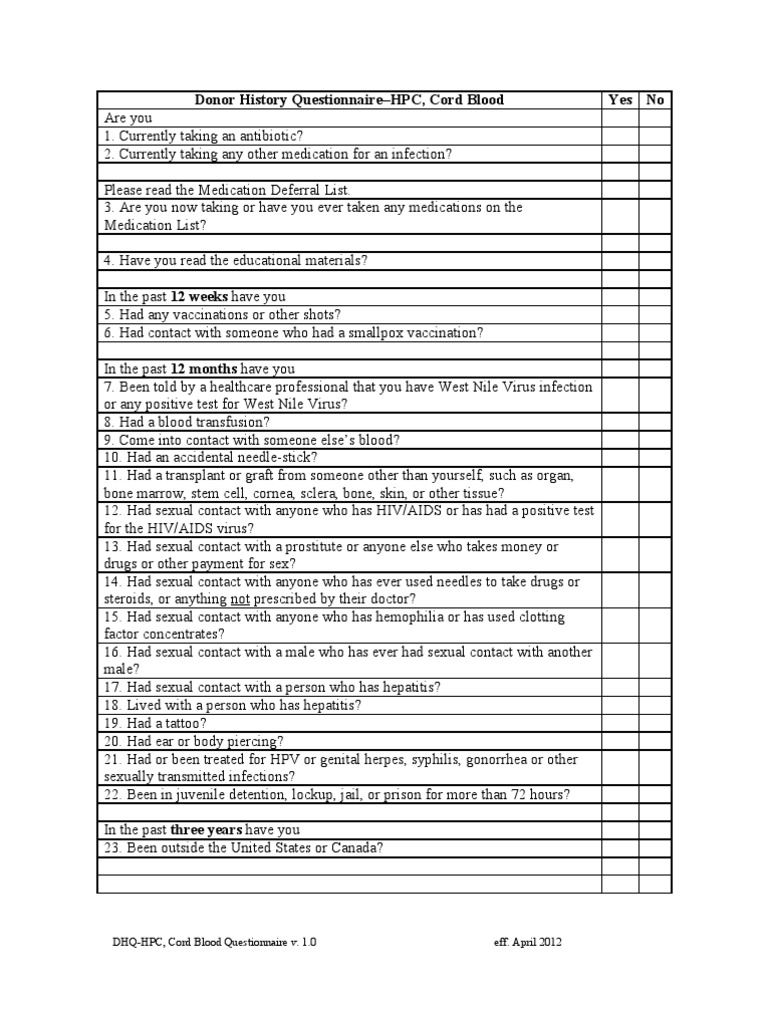 DHQ HPC Cord Questionnairev1 | PDF | Hepatitis | Diseases And Disorders