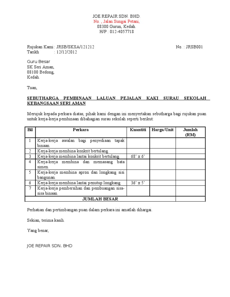 Contoh Surat Rasmi Sebut Harga - Surat Rasmi B