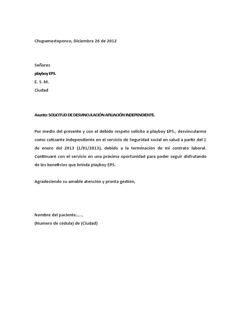 Carta de desvinculación de EPS