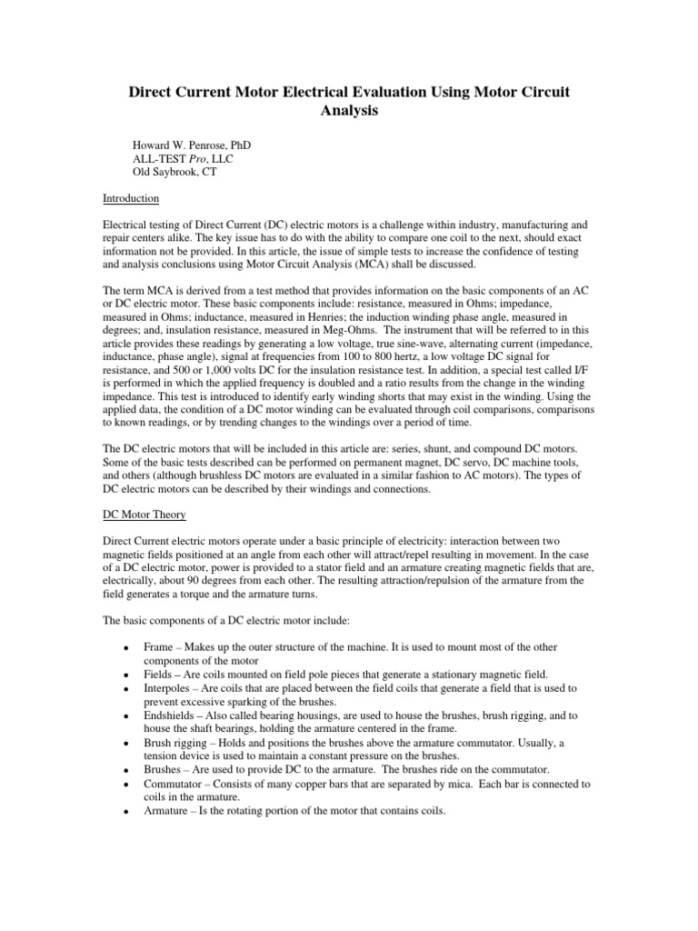 Direct Current Motor Electrical Evaluation With Motor Circuit Analysis Electric Motor
