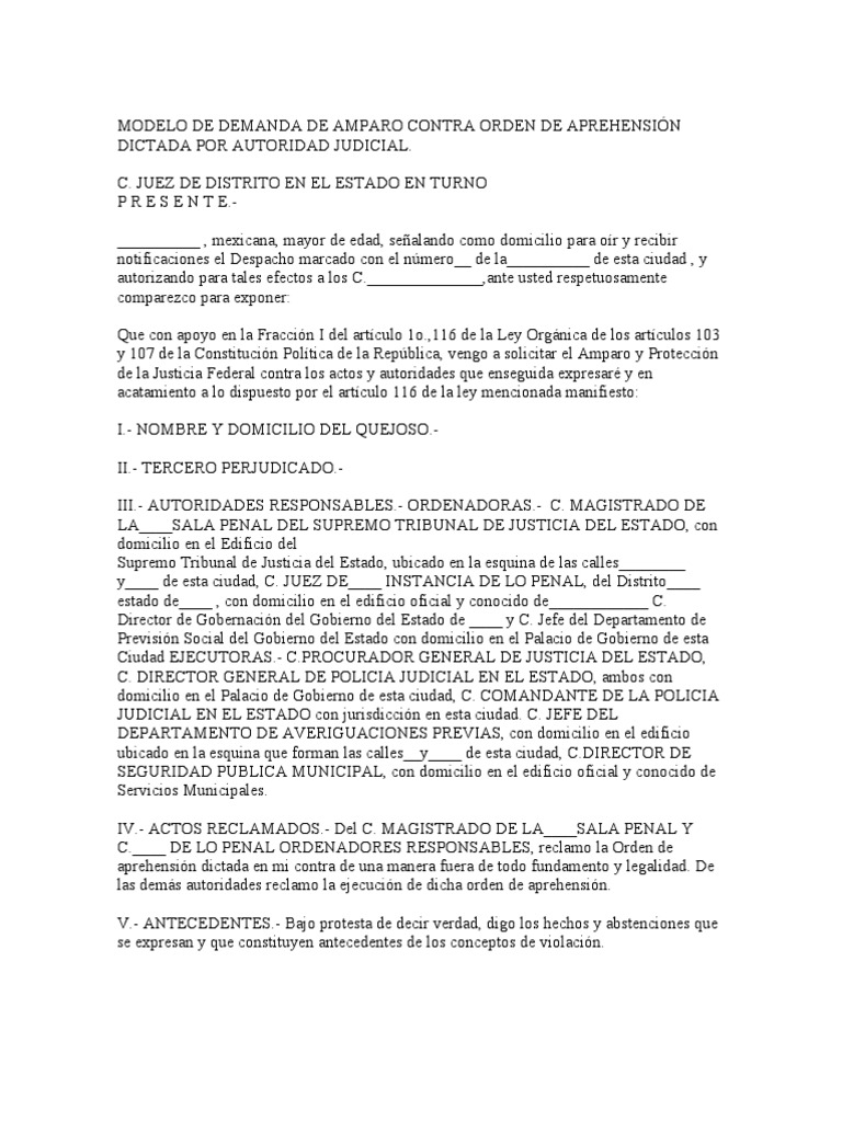 Modelo de Demanda de Amparo Contra Orden de Aprehensión Dictada Por ...
