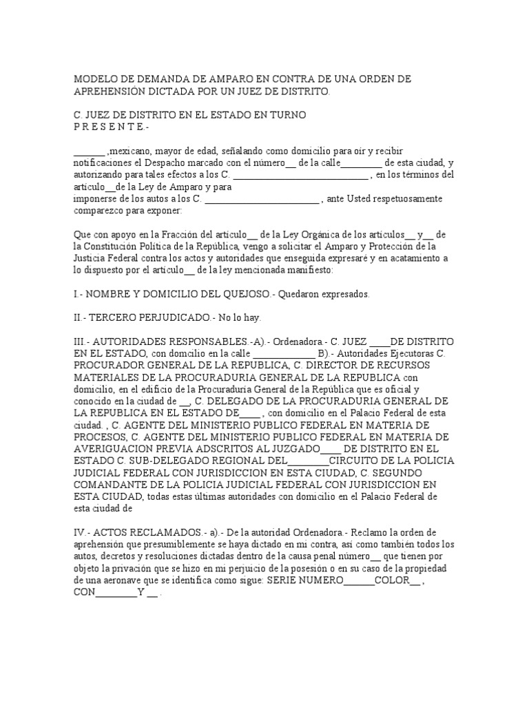 Modelo de Demanda de Amparo en Contra de Una Orden de Aprehensión ...