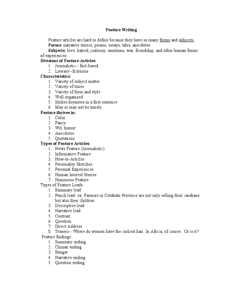 Types of Feature Articles and Their Characteristics | PDF